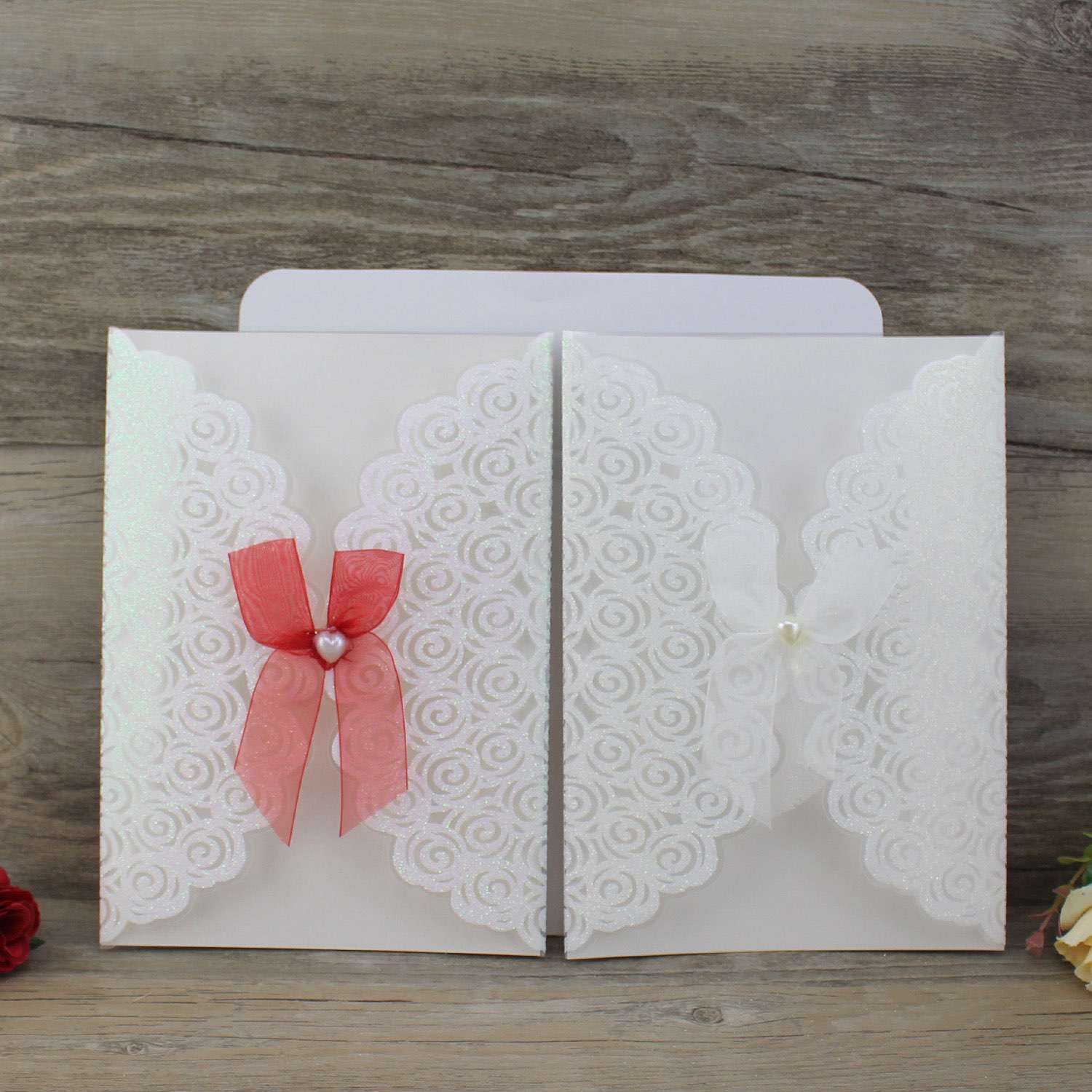 Invitation Card Glitter Clear Plastic Cover Wedding Card with Silk Bow